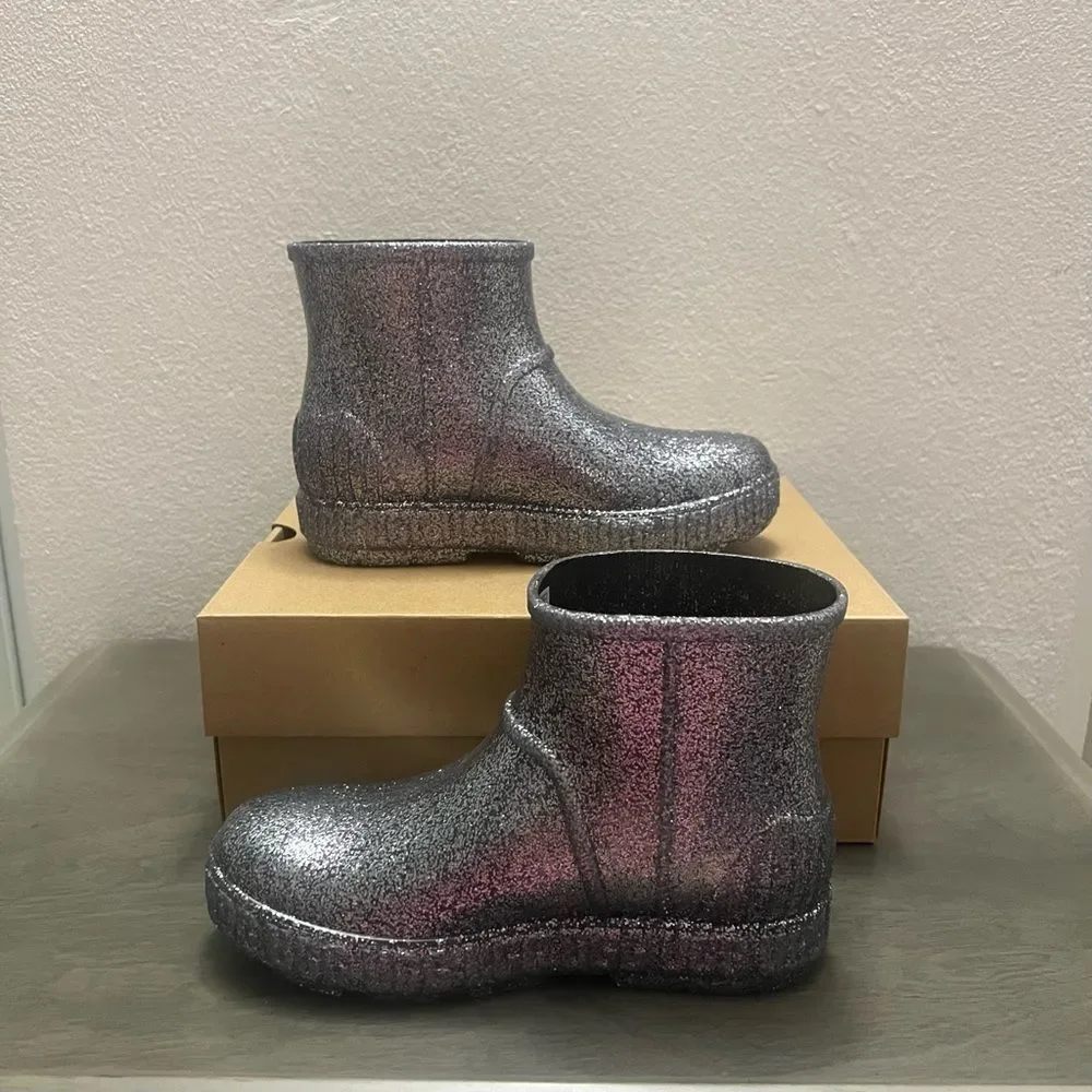UGG Drizlita Glitter Ankle Rainboots Kids Sz 3 Gray PVC Upcycled Wool Waterproof